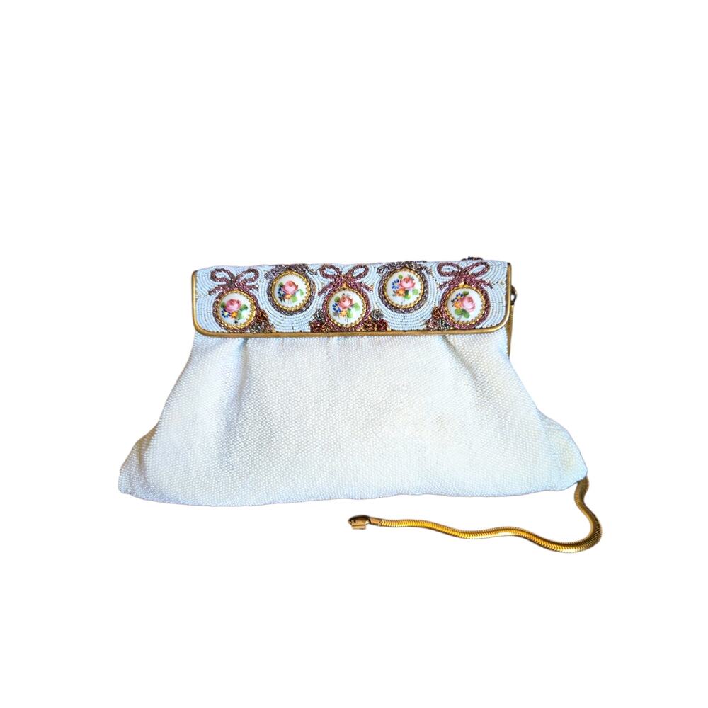 Vintage Rare Handmade E. Grillot Floral Beaded White Ivory Gold Clutch